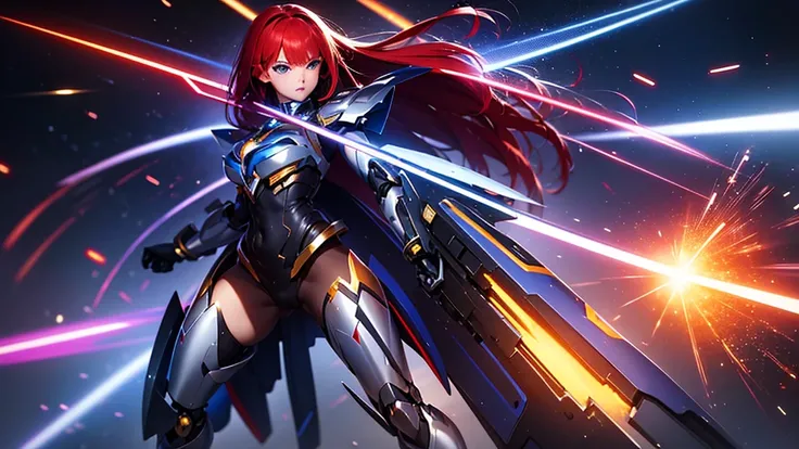 The banner showcases a stunning young Mecha woman, a mesmerizing blend of beauty and power, designed to captivate and engage the audience instantly. She has long, flowing red hair with a stylish fringe that frames her strikingly bright blue eyes, which see...