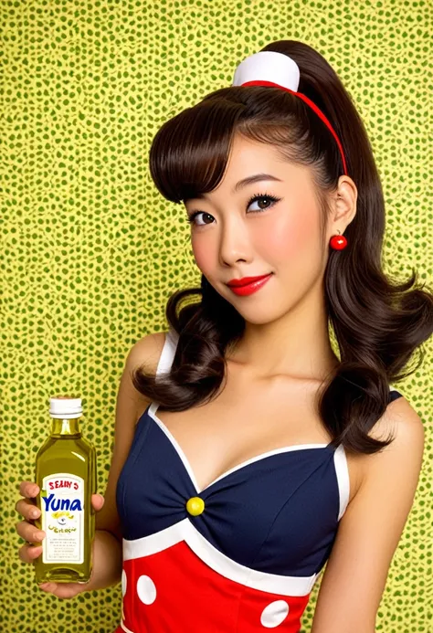 A cute yuna in the role of Pop Eyes girl friend Olive Oil, classic costume and hairdo, 1940s style humble living room, sears catalog wall paper, happy flirty poses OH POPEYE!
