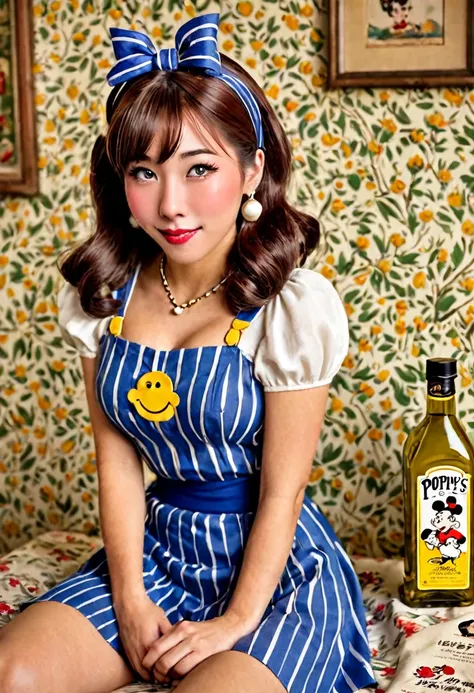 A cute yuna in the role of Pop Eyes girl friend Olive Oil, classic costume and hairdo, 1940s style humble living room, sears catalog wall paper, happy flirty poses OH POPEYE!
