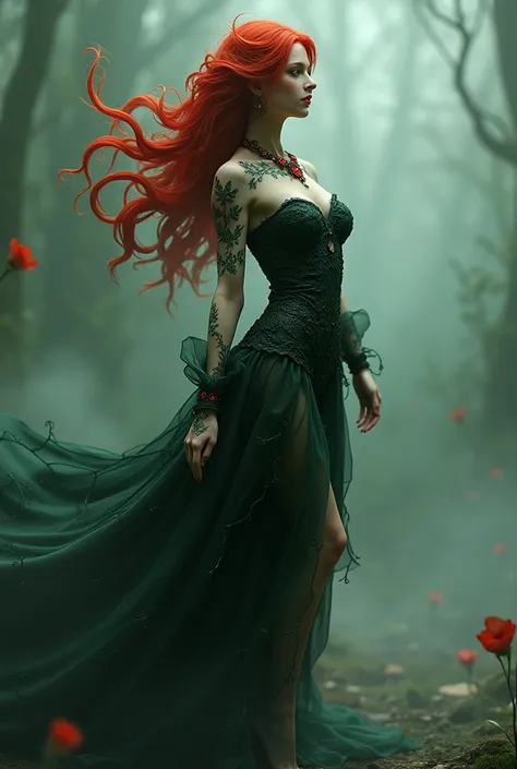 Black and white photo of a woman with red-red hair, intricate pose, digital art, cgsociety contest winner, gothic art, stunning 3d rendering of fairy, beautiful girl, doll face, dark green poison ivy from Batman covers her entire body, against thick fog, r...