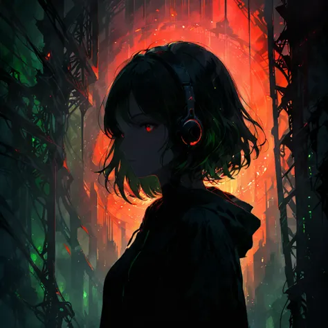 (artist by dorina kostras:1.2),a big iron tower,1girl, slive bobcut,Standing at the top of the tower,solo,from below, headphones, hoodie, silhouette, green theme, low saturation,silhouette，darkness，(Background with rich lines:1.8)，abstract background, deta...