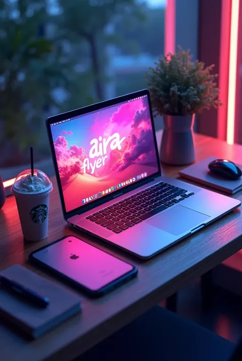 Macbook but in  screen of macbook with wallpaper named "AIRA FLYER" on the screen and starbucks frappe, iphone, ipad, pen and notebook on side