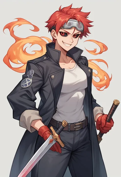 guilty fighting style, female combat alchemist
Age: 25, tomboy
Appearance: medieval clothing, heroic fantasy, average height, short-cropped fiery red hair, and her intense red eyes stand out against the deep black of her sclera. , freckles,
Attire: reinfor...