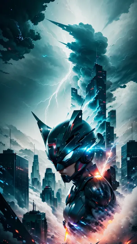 A dark, stormy city skyline. Lightning flashes.Suddenly, a figure in a sleek superhero suit lands on a rooftop, cape billowing.The heros eyes glow as they look directly at the camera, striking a powerful pose.