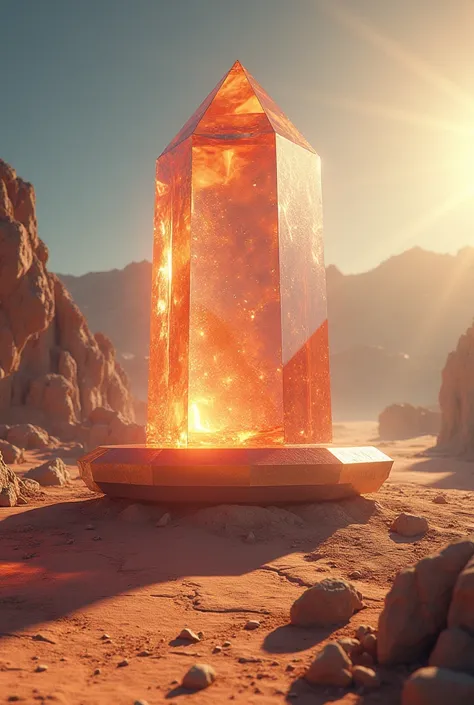 Close up of a large crystal on a rock in the desert, Animation style rendering, Atlas, CD cover art, sphere, Flare deformation, pierre pellegrini 和 ash thorp, Anamorphic, The Platonic Solids, Space scene, Psychedelic, Movie promotional images, Aspect