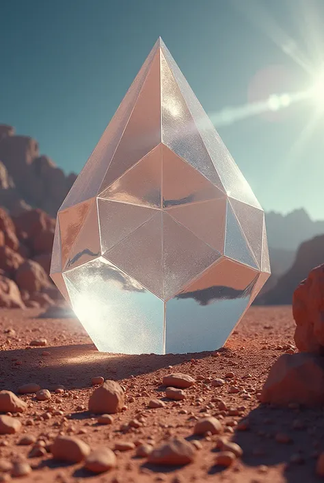 Close up of a large crystal on a rock in the desert, Animation style rendering, Atlas, CD cover art, sphere, Flare deformation, pierre pellegrini 和 ash thorp, Anamorphic, The Platonic Solids, Space scene, Psychedelic, Movie promotional images, Aspect