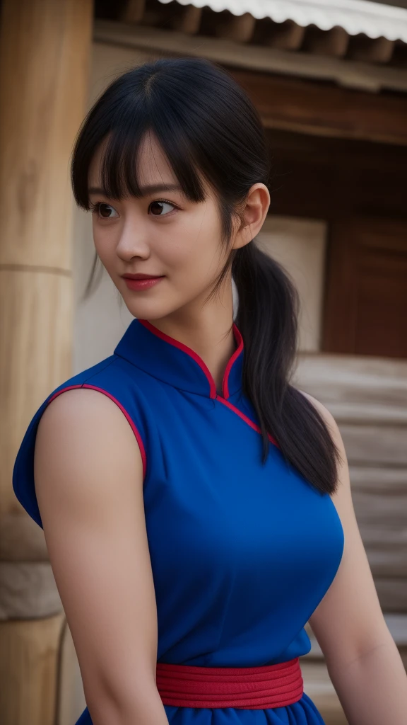 chichi, 1girl, solo, black eyes, black hair, blunt bangs, sidelocks, low ponytail,
china dress, blue dress, sleeveless, red sash...