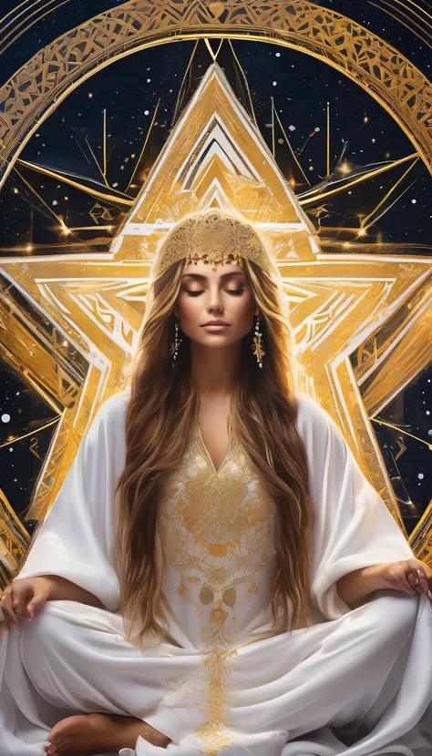 A beautiful young woman sits in meditation, her long hair cascading down. She is adorned in an exquisitely embroidered white robe with intricate gold patterns. Surrounding her are geometric designs and complex golden Star of David symbols, with some formin...