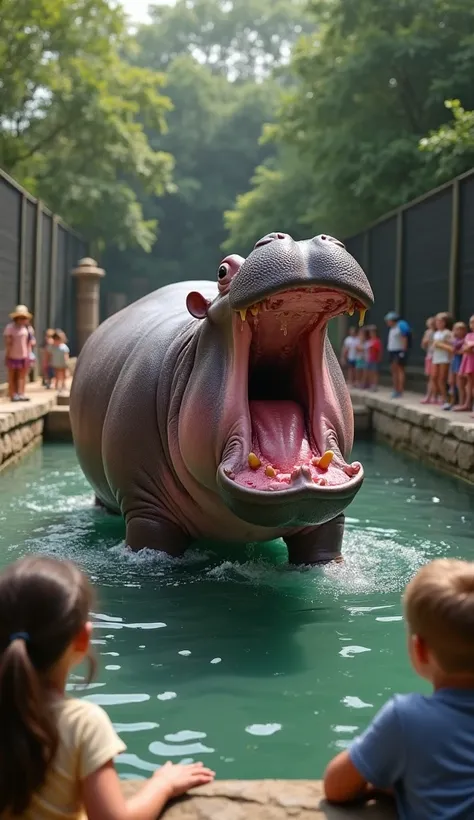 A hippo in a zoo with children watching, looking for signs of the pink sweat.