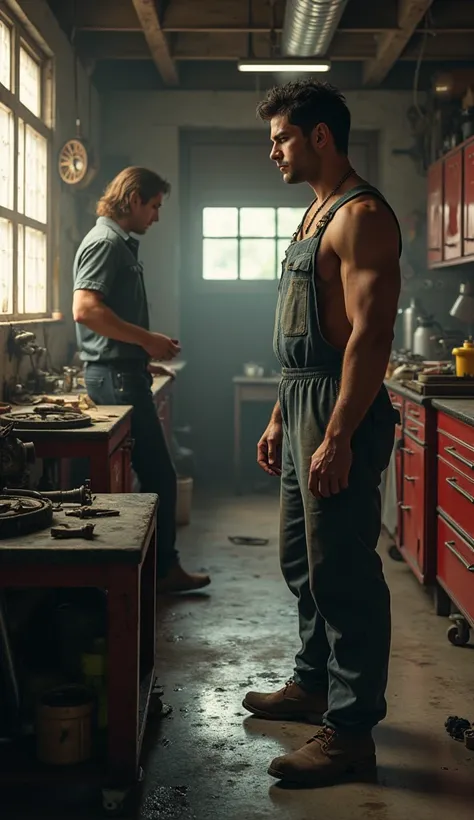 realisitc young brunette latino mechanic man, old garage, watching second mmechanic, with 20 centimeters long hair entering garage