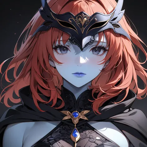 ((Highest quality)), ((masterpiece)), (detailed), （Perfect Face）The woman is Celica, expressionless, with blue skin, all black eyes, no light, red hair, a black revealing leotard-like outfit, a black cape, a masquerade mask, and blue lipstick.、The woman&#3...