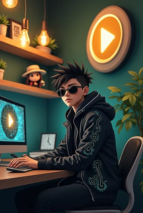 Create an image of a young male anime character sitting at a modern desk, wearing a black futuristic jacket with glowing circuit patterns. The character has spiky black hair and is wearing dark sunglasses. The background is a dark green wall with floating ...