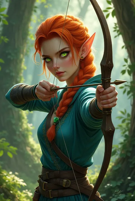 eladrin elf red-orange braided short hair with bow and arrow green eyes, bluish green fletcher outfit 