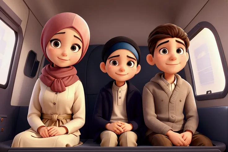 a mature  man, a beautiful woman with hijab, a boy, and a young girl, sitting in a moderne car, face to camera, all happy, masterpiece, 8k, wide-angle