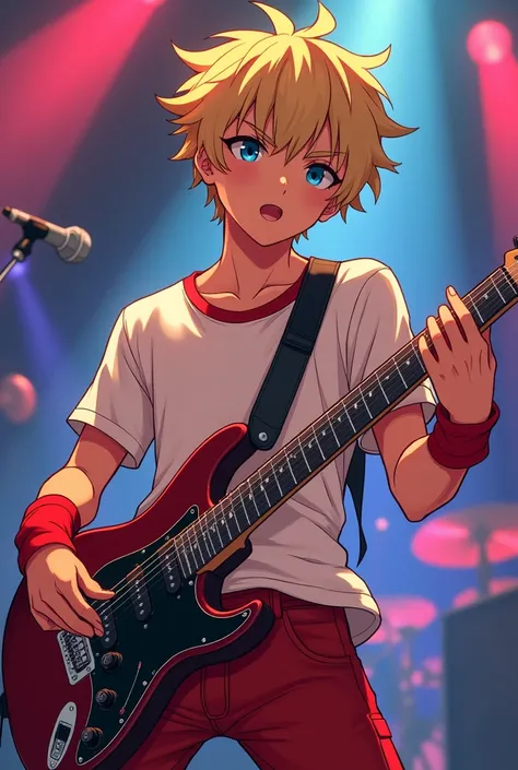 Teenage man, light brown skin, mulatto race, mexicano, blue eyes, blonde short hair, anime style, member of a rock band with white and red clothes