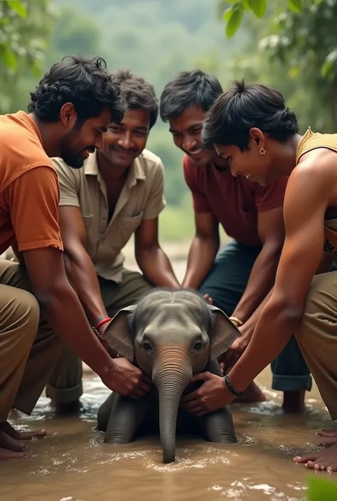 चार लोग: रवि ने गांववालों की मदद ली, और सब मिलकर हाथी के बच्चे को कीचड़ से बाहर निकाला।