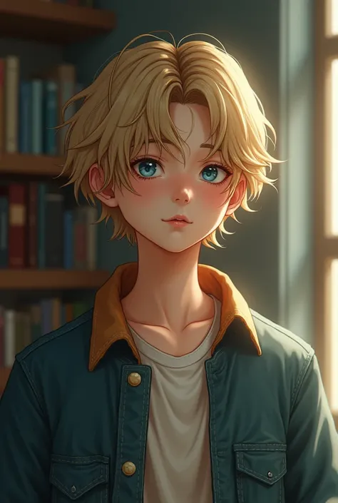 A teenage boy with long, soft blonde hair that falls around his babyface, highlighting his expressive blue eyes. Standing at 55", he has a pear-shaped figure that gives him a gentle, unassuming presence. His wardrobe is rooted in the light academia aesthet...