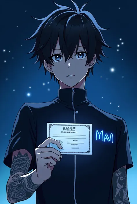 anime man, showing paper with an identification to camera, with a starry night sky in the background,with the name navi on his clothes shining in navy blue shining and the black clothes, with a normal calm face, with an arm full of tattoos 