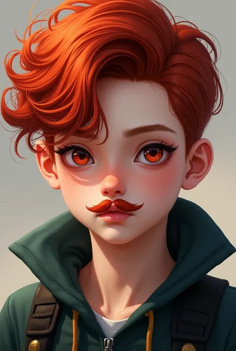 
Draw me a 1 redhead boy, with a little mustache and also red hair, crimson red eyes, attractive, hairstyle up, short hair.
