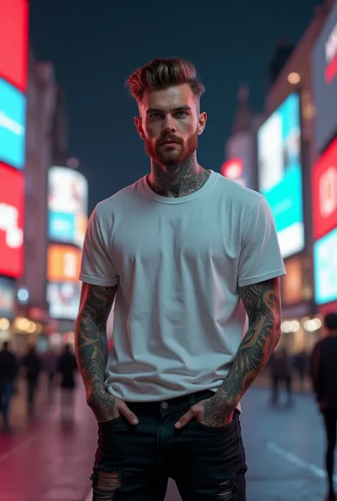 Tall Swedish Man 1,92 tall, age 26. Caucasian White. Looks like Bill Skarsgard. stylish short hair, vintage. tattoos on the body. BIG BLUE EYES. sem beard. Wearing an oversized white t-shirt, oversized. Ripped black jeans. In front of Picadilly Circus, lon...