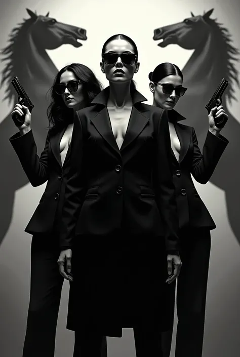 Three women, mafia, black suits, Pistols in hand, faces covered by sunglasses, two rising horses in black and white in the background 