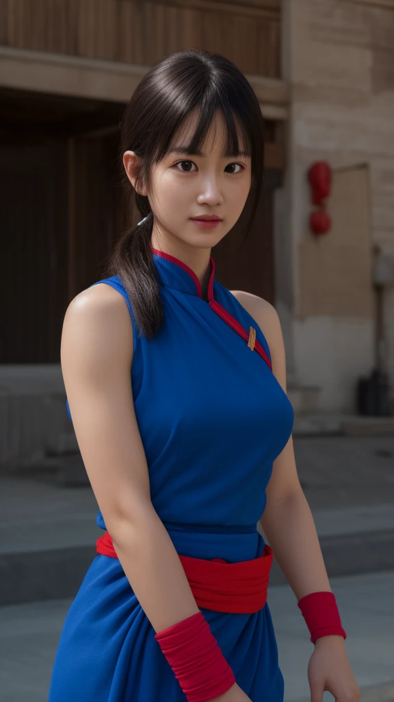 chichi, 1girl, solo, black eyes, black hair, blunt bangs, sidelocks, low ponytail,
china dress, blue dress, sleeveless, red sash...