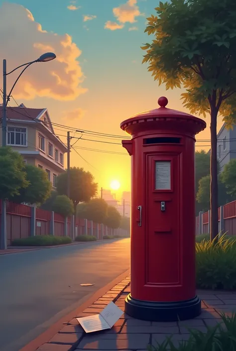 i want a picture of postbox(red color seen in Bangladesh) with a beautiful background of sky when it’s time to be almost evening and there is blank letter which left beside the post box on the street. And there will be buidling in background which was simi...