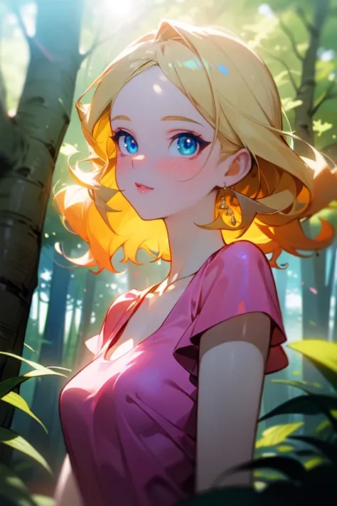 (masterpiece, best quality:1.2), (super details), anime, lens flare, glowing light, woman in a pink dress standing in the woods, (photography), modeling shoot, beautiful girl, (beautiful face), slender blonde girl, fashion photography portrait, pale skin c...