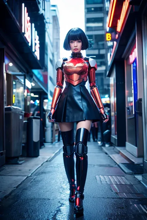 android girl, in a metropolis, with human and robotic characteristics, half body photo