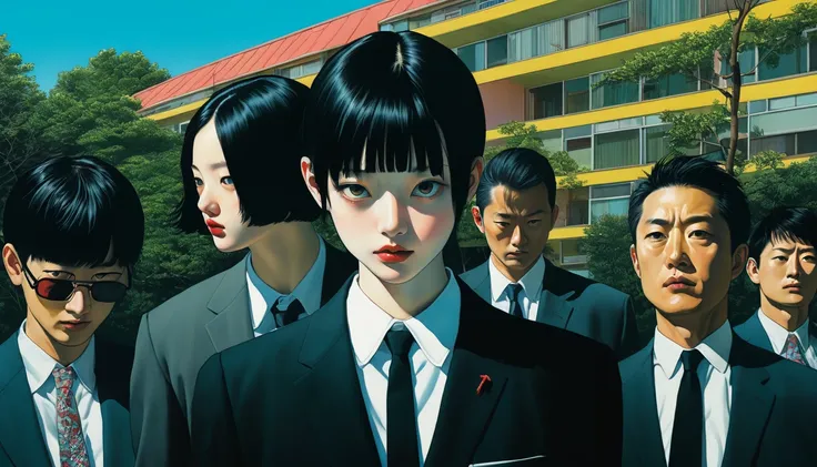 An illustration、art、Horror, Supervised by Junji Ito、Attention to detail, Realistic shadows、Analog Style, chromatic aberration, Surrealism、suit、a sunny day