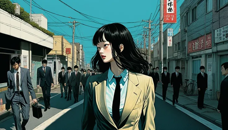 An illustration、art、Horror, Supervised by Junji Ito、Attention to detail, Realistic shadows、Analog Style, chromatic aberration, Surrealism、suit、a sunny day