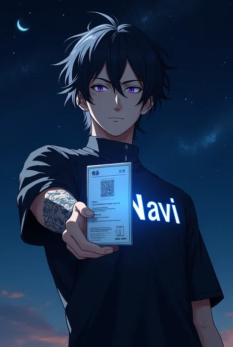 anime man, showing paper with an identification to camera, with a starry night sky in the background,with the name navi on his clothes shining in navy blue shining and the black clothes, with a normal calm face, with an arm full of tattoos 