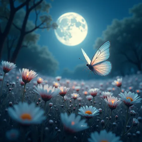 (Backlight), In the center of a blooming flower field, a bright moon hangs high in the sky, and the moonlight pours down against the direction of the flower field, making every flower seem to be shining. The dewdrops on the petals are crystal clear, shimme...