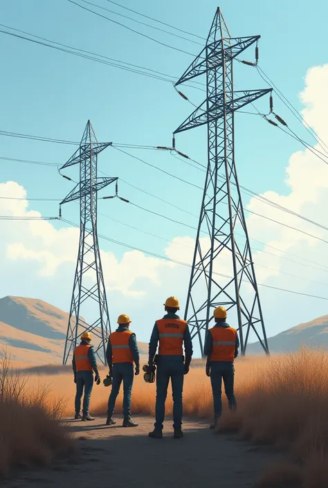 Transmission line and electrical engineers in front of alone