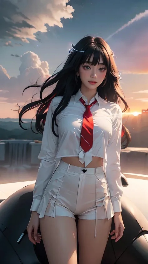 ((Masterpiece, best quality, very detailed), Volumetric light, surrounding occlusion, Rich and colorful, glow), 1 woman, lonely, young girl, (Black bangs), long hair, radius, sacred, goddess, CEO vibe, (Black suit, White shirt with Red necktie:1.3), armor,...