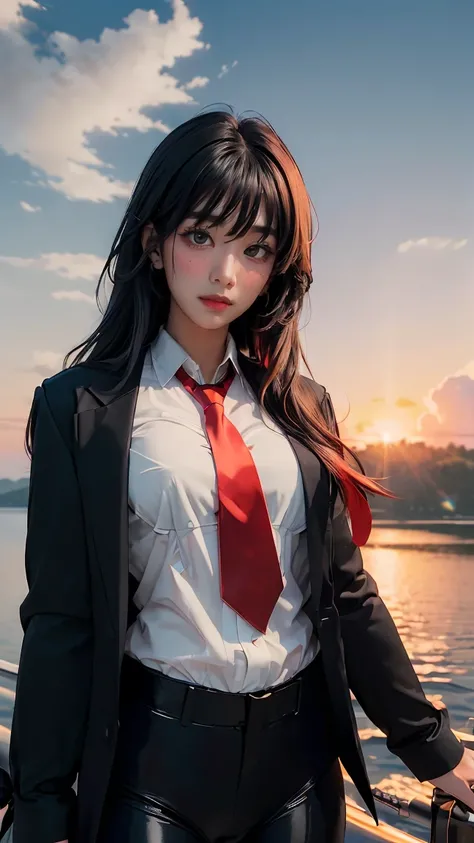 ((Masterpiece, best quality, very detailed), Volumetric light, surrounding occlusion, Rich and colorful, glow), 1 woman, lonely, young girl, (Black bangs), long hair, radius, sacred, goddess, CEO vibe, (Black suit, White shirt with Red necktie:1.3), armor,...