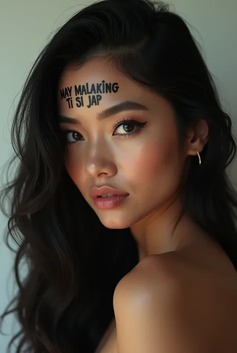 (photorealism:1.2), a beautiful filipina with a tattoo on her forehead of all the phrase in little "May malaking titi si Jap"