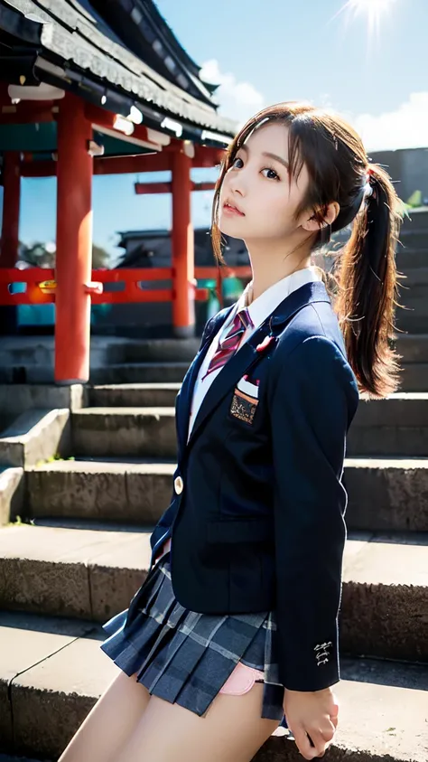 (beautifully detailed skin,Perfect Anatomy),At dusk,Sunset sky,,cute,Black Hair,ponytail, Full Body Shot, Beautiful detailed girl, expensively detailed face, Beautiful eyes in every detail, ((Japanese Girls, expensive , School Blazer:1.5)), City Stairs、Loo...