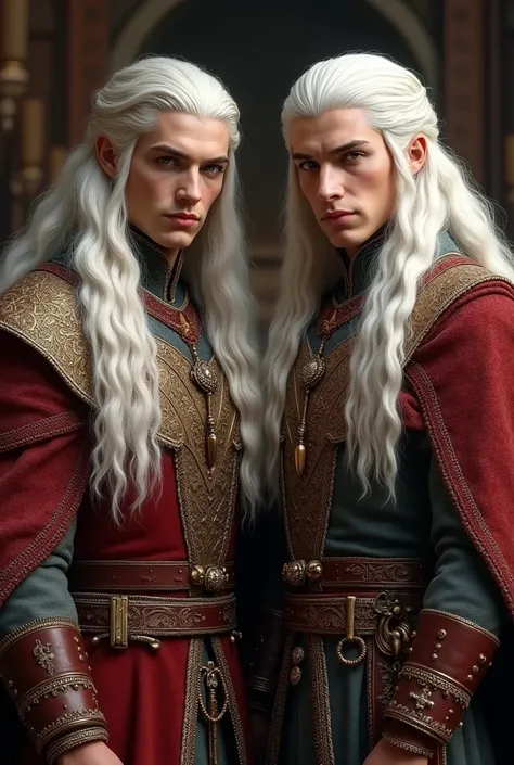 A male twins prince Targaryen silver long hair  medieval clothes. 