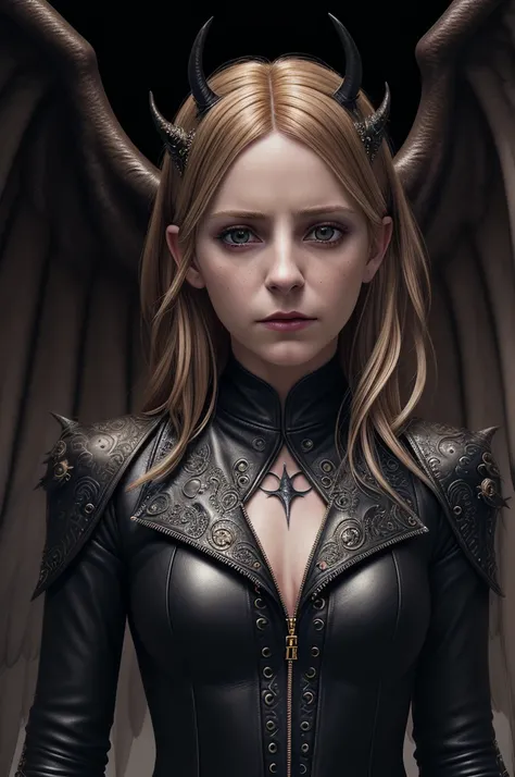 "Realistic depiction of Emma as Lucifer without horns, showcasing intricate details and wearing a heavenly outfit, leather clothes, in hyper-realistic 8k resolution."