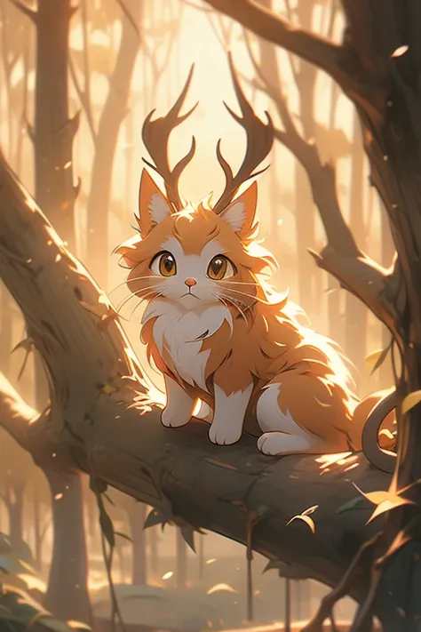 cat, jackalope antlers, brown fur, beautiful, sharp, magical, forest background, sitting on a tree branch, golden hour