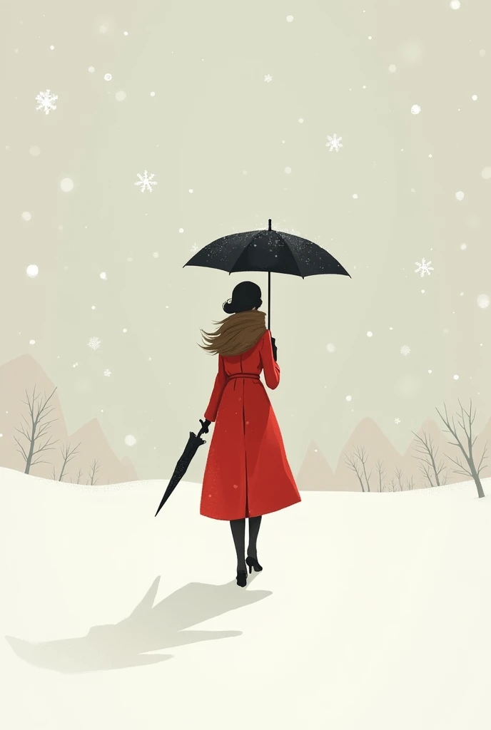 Snow in the sky，A woman in red，She has a slim figure，Wearing a brown scarf，Holding a black umbrella in hand，In this snowy world，Walking quietly