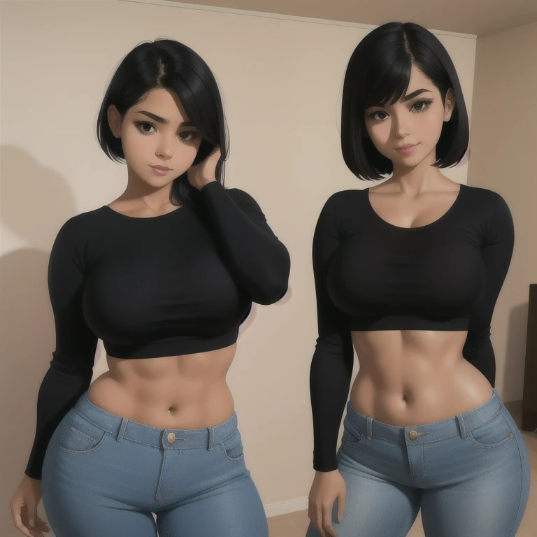 body photo, beautiful detailed, cute face, cute mexican teen, slim, short black hair, black hair over one eye, long sleeve plain T-shirt, long pants, thick curvy wide hips, solo,