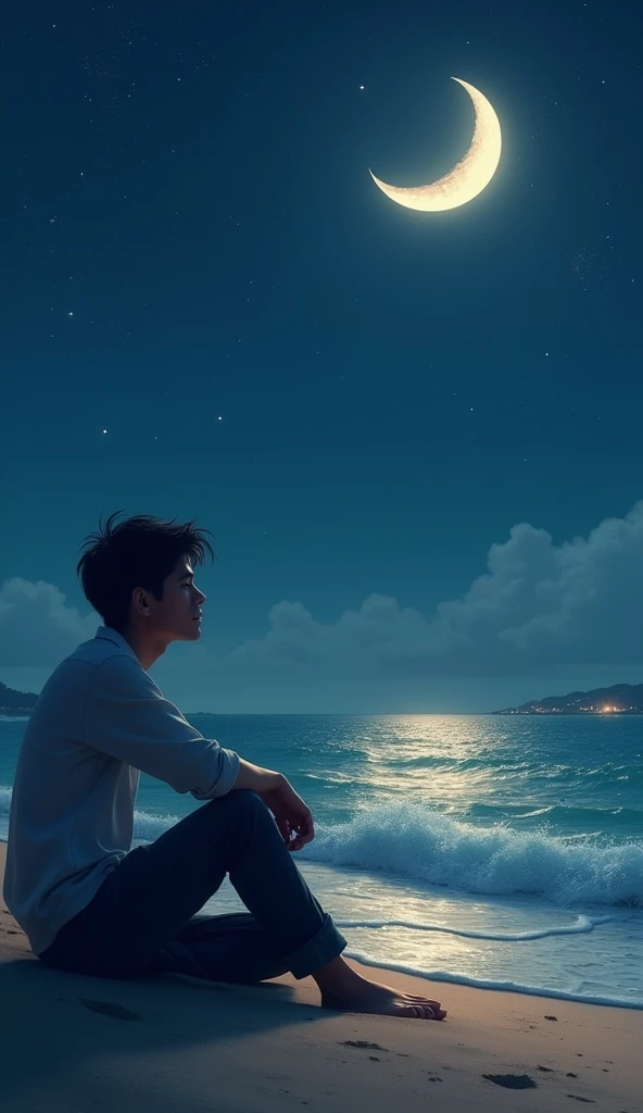 I want a picture of a young man sitting with his back on the beach, with waves from the sea gently lapping at the beach, thinking about his old lover, and the moon and stars surrounding the moon.