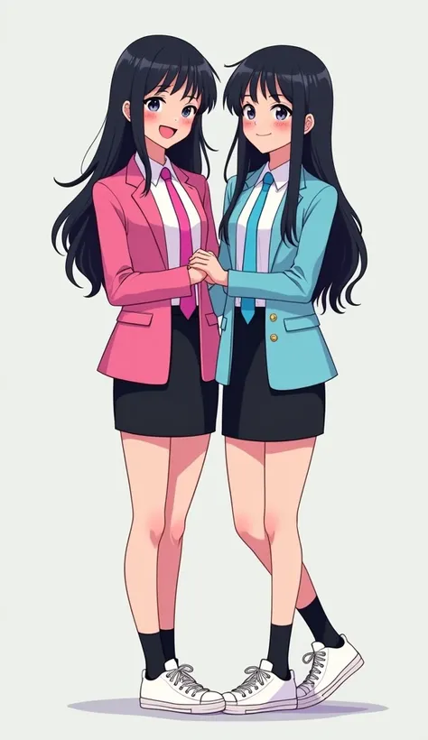 Two young womens, long black hairs, yuri, same height.

The first young women wear a pink suit jacket, white shirt, magenta necktie, black pencil skirt 14 cm, black underpants, black socks, white sneakers high top.

The second young women wore a light blue...