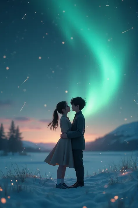 (photorealism:1.2, nostalgic), two s, a couple of a girl and a boy watching a meteor shower and a night, in Norway, with auroras on the sky, in winter, while having sex.