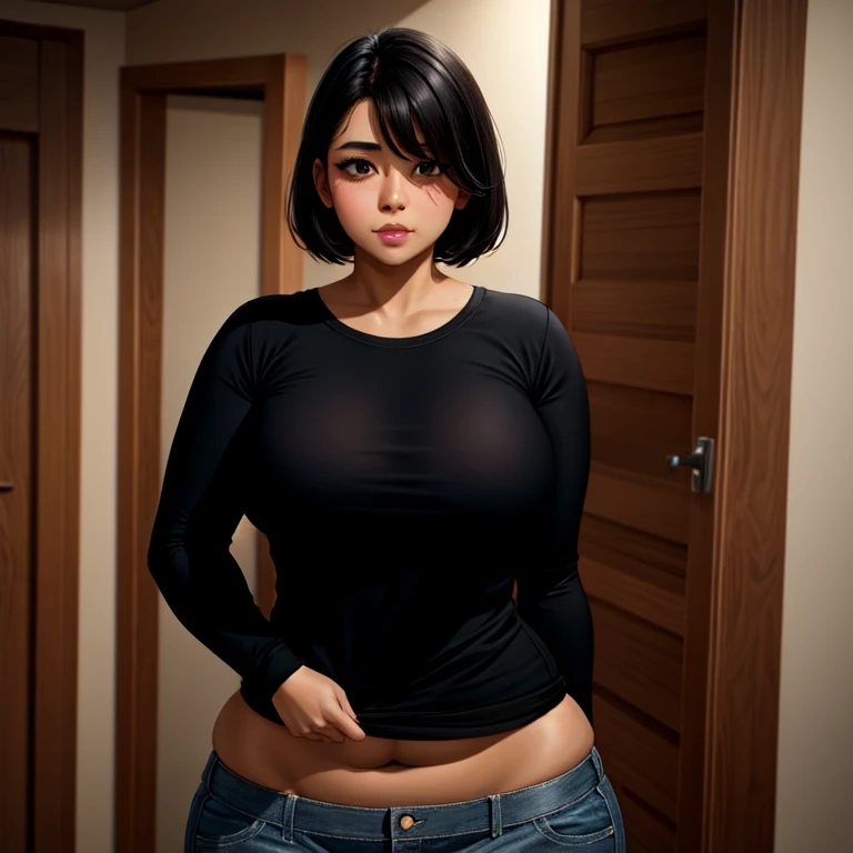 body photo, beautiful detailed, cute face, cute mexican teen, slim, short black hair, black hair over one eye, long sleeve plain T-shirt, long pants, thick curvy wide hips, solo,