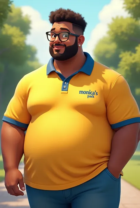 young adult man,short curly hair,rectangular glasses, beard cut very short, fine nose, large body, wearing a yellow polo shirt with a blue collar that says "Monica&#39;s Park" On the chest, small eyes, A little fat, brunette skin