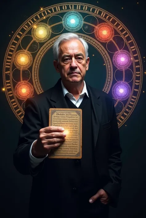 male, middle-aged, black shirt, white shirt, black jacket, holding a magic card, ancient words on the card, black background, seven-colored magic circle behind him