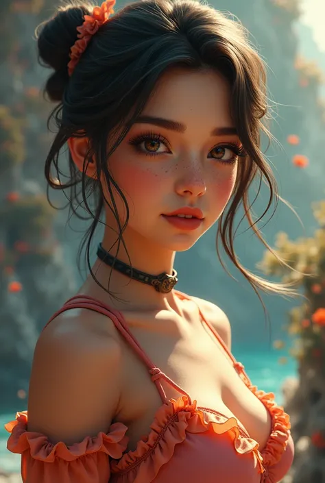 A girl wearing pant shirt with white beautiful eyes Arabic and small twin tails hair realistic cinematic view worlds beautiful eyes like wow and physically fit with medium breast and pussy Arabic skin acne 